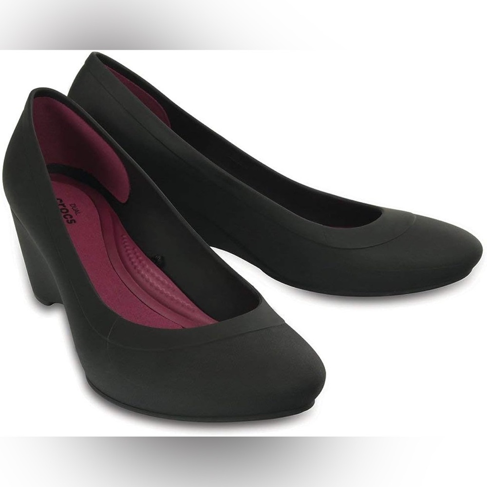 CROCS Heels Womens sz 8 Black Lina Wedge Dual Comfort Slip On Closed Toe ✨